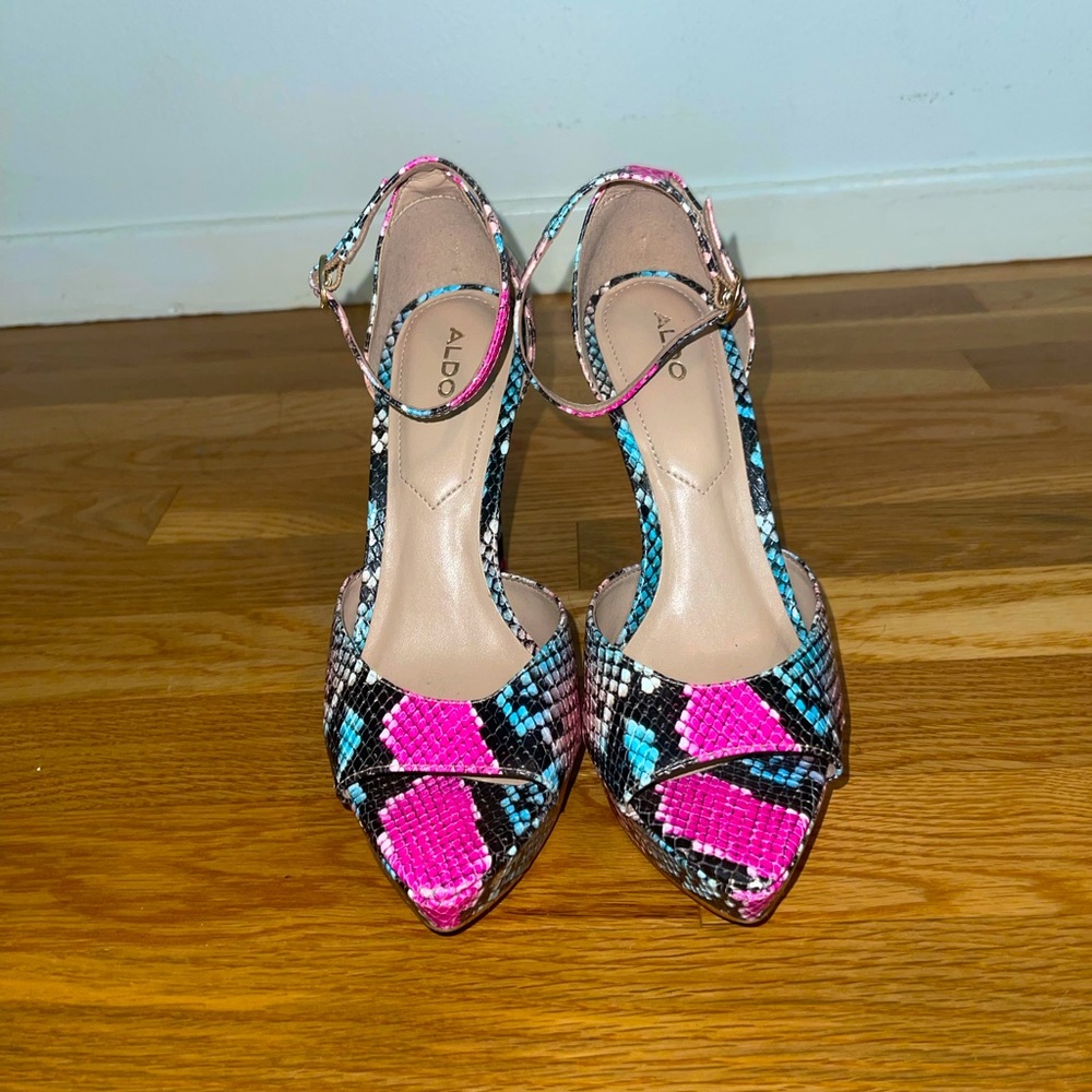 ALDO- Snakeskin platform stiletto heels 
Color-teal white black fuchsia.